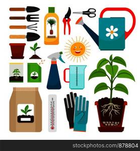 Care of houseplants and indoor gardening icons. Fertilization and watering, flowerpot with soil and sunlight, seedling cultivation isolated on white background. Vector illustration. Houseplants and indoor gardening icons