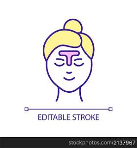 Care of t-zone RGB color icon. Procedure for facial skin health. Skincare routine. Beauty practice. Isolated vector illustration. Simple filled line drawing. Editable stroke. Arial font used. Care of t-zone RGB color icon