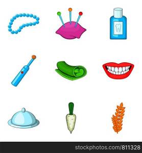 Care of teeth icons set. Cartoon set of 9 care of teeth vector icons for web isolated on white background. Care of teeth icons set, cartoon style