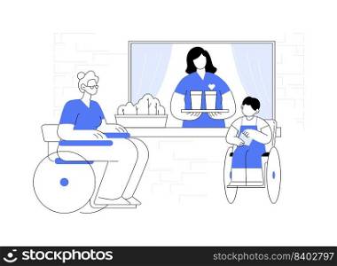Care of the disabled abstract concept vector illustration. Disability care, downs syndrome, senior on wheelchair, help for old people, professional home nursing services abstract metaphor.. Care of the disabled abstract concept vector illustration.