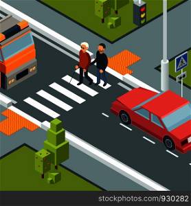 Care person crossing street. Urban city crosswalk of disabilities man with helper vector isometric concept. Care blind person cross road illustration. Care person crossing street. Urban city crosswalk of disabilities man with helper vector isometric concept