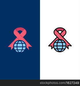 Care, Ribbon, Globe, World Icons. Flat and Line Filled Icon Set Vector Blue Background