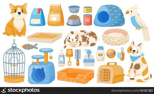 Care tools and accessory for domestic animals, dogs, cats and parrots. Cartoon pet store items, food, carrier, bowl, toy and beds vector set. Shop with equipment and snack isolated in white. Care tools and accessory for domestic animals, dogs, cats and parrots. Cartoon pet store items, food, carrier, bowl, toy and beds vector set