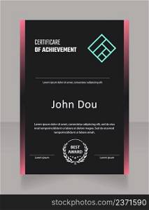 Career achievements certificate design template. Vector diploma with customized copyspace and borders. Printable document for awards and recognition. Teco Light, Semibold, Arial Regular fonts used. Career achievements certificate design template