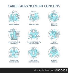 Career advancement blue concept icons set. Improvement in work. Successful employee. Professional development idea thin line color illustrations. Vector isolated outline drawings. Editable stroke. Career advancement blue concept icons set