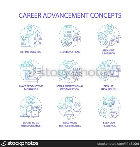 Career advancement blue gradient concept icons set. Improvement in work. Successful employee. Professional development idea thin line color illustrations. Vector isolated outline drawings. Career advancement blue gradient concept icons set