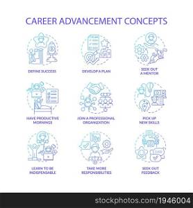Career advancement blue gradient concept icons set. Improvement in work. Successful employee. Professional development idea thin line color illustrations. Vector isolated outline drawings. Career advancement blue gradient concept icons set