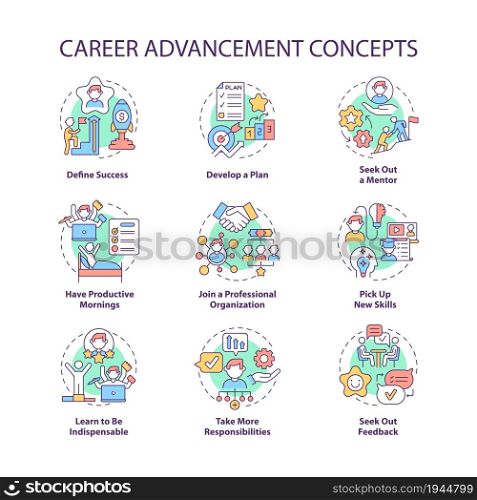 Career advancement concept icons set. Improvement in work. Successful employee. Professional development idea thin line color illustrations. Vector isolated outline drawings. Editable stroke. Career advancement concept icons set