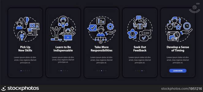 Career advancement for professional onboarding mobile app page screen. Success walkthrough 5 steps graphic instructions with concepts. UI, UX, GUI vector template with night mode illustrations. Career advancement for professional onboarding mobile app page screen