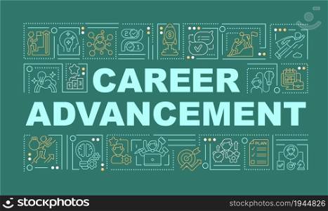 Career advancement green word concepts banner. Professional development. Infographics with linear icons on green background. Isolated creative typography. Vector outline color illustration with text. Career advancement green word concepts banner