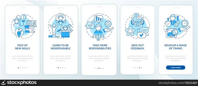 Career advancement process blue onboarding mobile app page screen. Success walkthrough 5 steps graphic instructions with concepts. UI, UX, GUI vector template with linear color illustrations. Career advancement process blue onboarding mobile app page screen