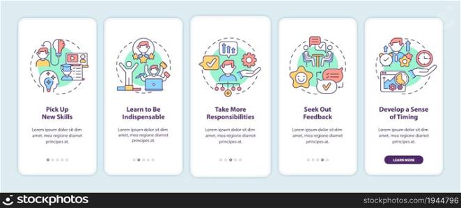 Career advancement process onboarding mobile app page screen. Success walkthrough 5 steps graphic instructions with concepts. UI, UX, GUI vector template with linear color illustrations. Career advancement process onboarding mobile app page screen
