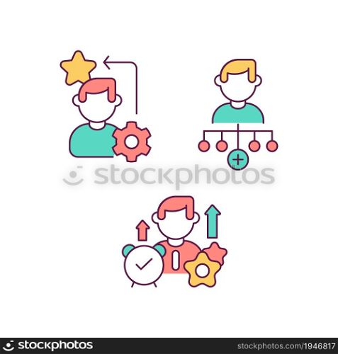 Career advancement RGB color icons set. Successful strategies for rofessional growth. Emploee developing skills. Isolated vector illustrations. Simple filled line drawings collection. Career advancement RGB color icons set