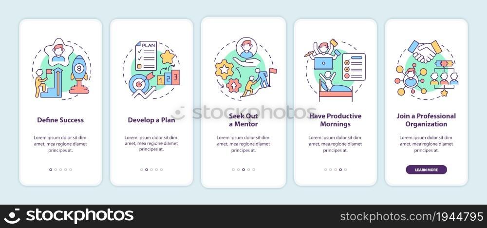 Career advancement steps onboarding mobile app page screen. Success walkthrough 5 steps graphic instructions with concepts. UI, UX, GUI vector template with linear color illustrations. Career advancement steps onboarding mobile app page screen