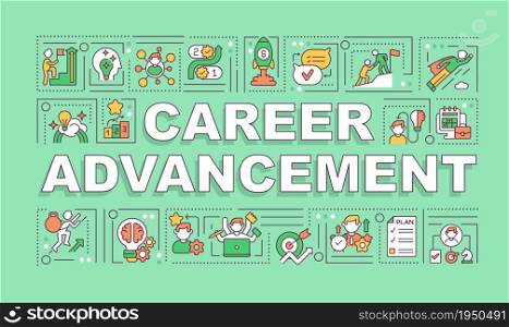 Career advancement word concepts banner. Professional development. Infographics with linear icons on green background. Isolated creative typography. Vector outline color illustration with text. Career advancement word concepts banner