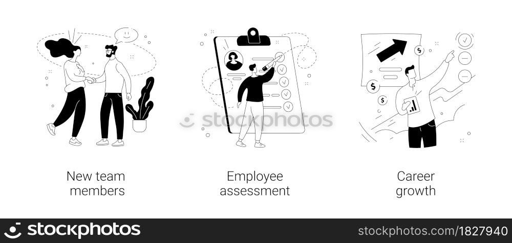 Career development abstract concept vector illustration set. New team members, employee assessment, career growth, performance review, SWOT analysis, job position, project team abstract metaphor.. Career development abstract concept vector illustrations.