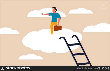 Career development and boost business cloudy. Man and direction to future opportunity vector illustration concept. Finance ambition and motivation work. Leadership strategy and people growth up