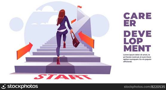 Career development banner. Concept of self build career, personal growth, professional progress. Vector landing page with cartoon illustration of business woman run up stair to top. Vector landing page of career development
