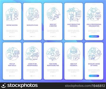 Career development gradient onboarding mobile app page screen set. Job walkthrough 5 steps graphic instructions with concepts. UI, UX, GUI vector template with linear color illustrations collection. Career development gradient onboarding mobile app page screen set
