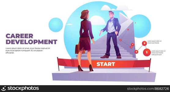Career development poster with girl worker and ladder to professional success. Vector banner with cartoon illustration of businessman greets woman employee at start. Career development poster with woman and ladder
