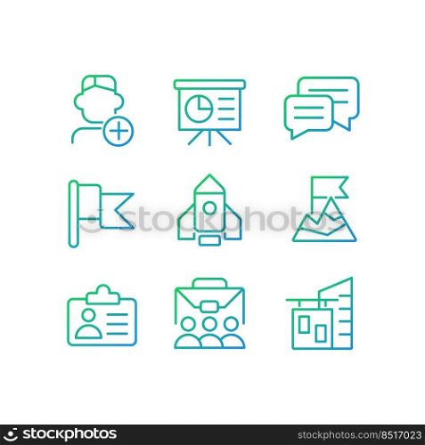 Career goals pixel perfect gradient linear vector icons set. Employee training. Office building. Human resources. Thin line contour symbol designs bundle. Isolated outline illustrations collection. Career goals pixel perfect gradient linear vector icons set