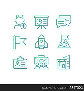 Career goals pixel perfect gradient linear vector icons set. Employee training. Office building. Human resources. Thin line contour symbol designs bundle. Isolated outline illustrations collection. Career goals pixel perfect gradient linear vector icons set