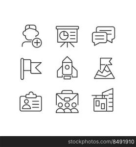 Career goals pixel perfect linear icons set. Employee training. Personnel. Office building. Human resources. Customizable thin line symbols. Isolated vector outline illustrations. Editable stroke. Career goals pixel perfect linear icons set