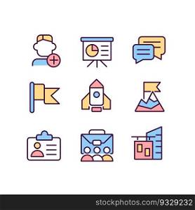 Career goals pixel perfect RGB color icons set. Employee training. Personnel. Office building. Human resources. Isolated vector illustrations. Simple filled line drawings collection. Editable stroke. Career goals pixel perfect RGB color icons set