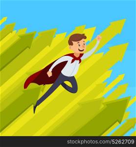 Career Growth Illustration. Career growth design with flying businessman in red cloak on blue background with green arrows vector illustration