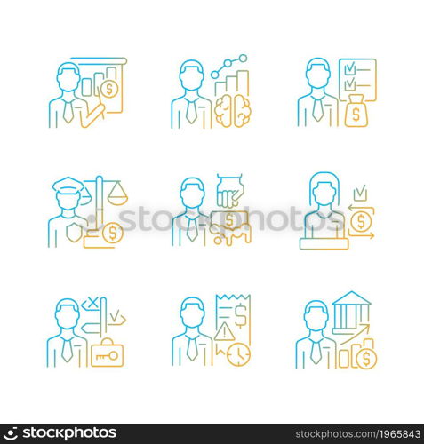 Career in finance field gradient linear vector icons set. Business administration and management. Financial law regulations. Thin line contour symbols bundle. Isolated outline illustrations collection. Career in finance field gradient linear vector icons set