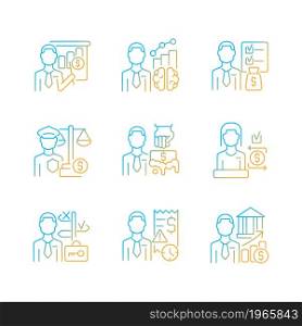 Career in finance field gradient linear vector icons set. Business administration and management. Financial law regulations. Thin line contour symbols bundle. Isolated outline illustrations collection. Career in finance field gradient linear vector icons set