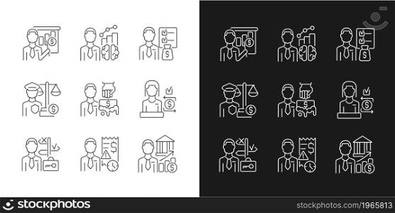 Career in finance field linear icons set for dark and light mode. Business administration. Financial occupation. Customizable thin line symbols. Isolated vector outline illustrations. Editable stroke. Career in finance field linear icons set for dark and light mode