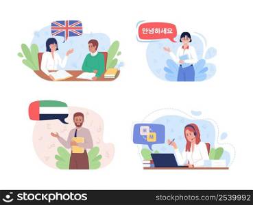 Career in linguistics 2D vector isolated illustration set. Flat characters on cartoon background. Colourful scene collection for website, presentation. Lora, Adobe Gothic Std B, KozGoPr6N fonts used. Career in linguistics 2D vector isolated illustration set