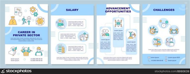 Career in private sector blue brochure template. Leaflet design with linear icons. Editable 4 vector layouts for presentation, annual reports. Arial-Black, Myriad Pro-Regular fonts used. Career in private sector blue brochure template