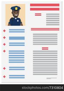 Career information leaflet flat vector. Policeman resume page with applicant portrait and personal data. Curriculum vitae or dossier. Profession presentation sheet illustration for labor day concept. Policeman Career Information Leaflet Flat Vector