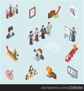 Career isometric set with 3d cv success stairway business briefcase isolated vector illustration. Career Isometric Set