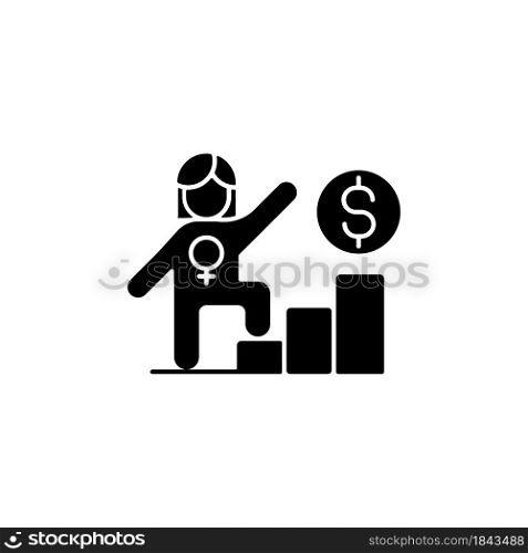 Career ladder for women black glyph icon. Successful woman in workplace. Gender equality in salary. Getting promotion at work. Silhouette symbol on white space. Vector isolated illustration. Career ladder for women black glyph icon