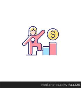 Career ladder for women RGB color icon. Successful woman in workplace. Gender equality in salary. Female leader. Getting promotion at work. Isolated vector illustration. Simple filled line drawing. Career ladder for women RGB color icon
