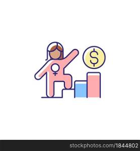 Career ladder for women RGB color icon. Successful woman in workplace. Gender equality in salary. Female leader. Getting promotion at work. Isolated vector illustration. Simple filled line drawing. Career ladder for women RGB color icon
