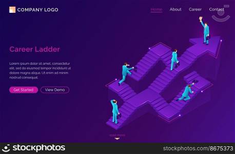 Career ladder isometric landing page. New opportunity, way to success. Businessman choose road stand at confused stairs, make decision, solution and choice for job and life path. 3d vector web banner. Career ladder isometric landing, way to success