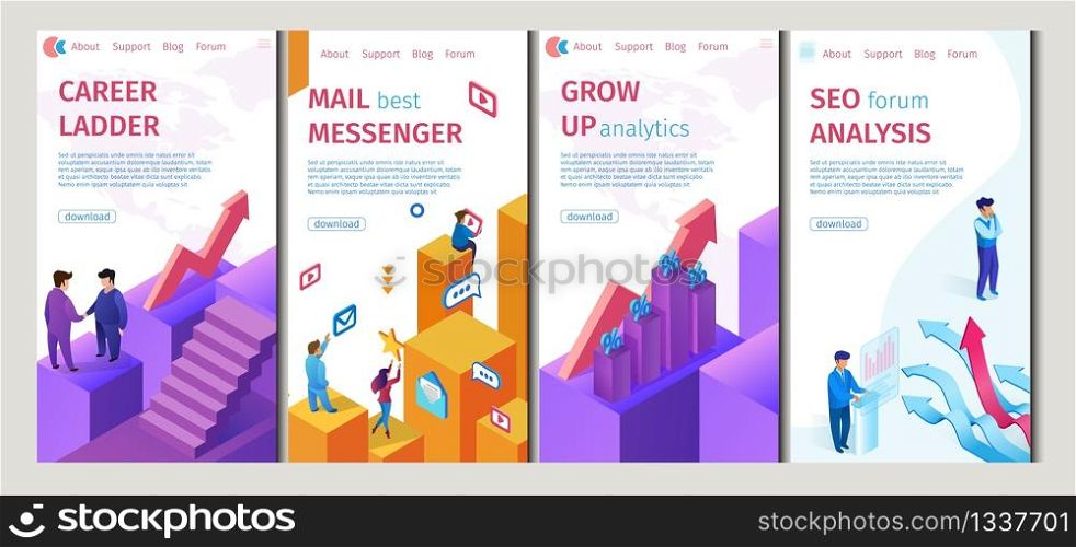 Career Ladder, Mail Best Messenger Set Flat Banner. Vector Illustration Grow Up Analytics, Seo Forum Analysis. Use Available Electronic Tools and Analytical Mindset Reach their Intended Goal.. Career Ladder, Mail Best Messenger Set Flat Banner