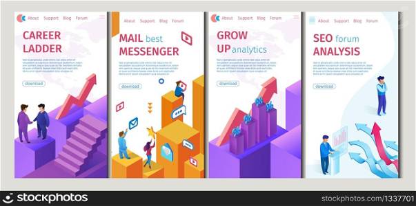 Career Ladder, Mail Best Messenger Set Flat Banner. Vector Illustration Grow Up Analytics, Seo Forum Analysis. Use Available Electronic Tools and Analytical Mindset Reach their Intended Goal.. Career Ladder, Mail Best Messenger Set Flat Banner