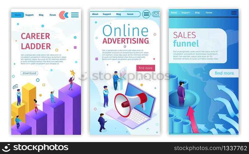 Career Ladder, Online Advertising, Sales Funnel. Set Vertical Banner Lettering. Advertising Department Is Successfully Working on Sales Funnels and Attracting Customers, Promotion Through Ranks.. Career Ladder, Online Advertising, Sales Funnel.