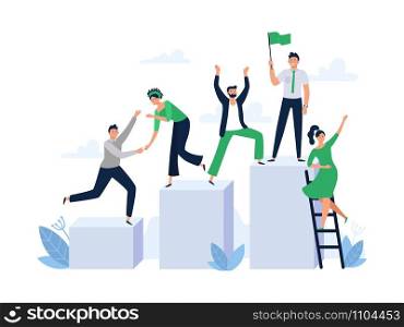 Career ladder with team people. Office worker hold flag, group leader and team building. Business work achievement, leadership character competition growth flat vector illustration. Career ladder with team people. Office worker hold flag, group leader and team building flat vector illustration