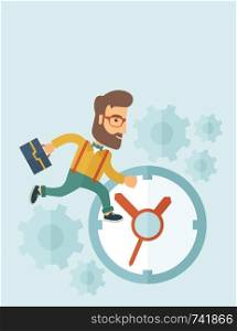 Career man with his bag chasing running clock pursuing a deadline of his report. Time management concept. A contemporary style with pastel palette, soft blue tinted background. Vector flat design illustration. Vertical layout with text space on top part.. Running businessman.