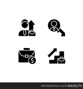Career opportunities black glyph icons set on white space. Promotion of employee. Business growth. Human resources. Silhouette symbols. Solid pictogram pack. Vector isolated illustration. Career opportunities black glyph icons set on white space