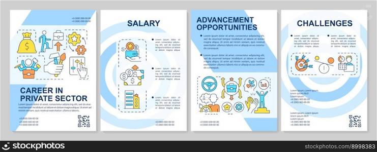 Career opportunities in private sector blue brochure template. Leaflet design with linear icons. Editable 4 vector layouts for presentation, annual reports. Arial, Myriad Pro-Regular fonts used. Career opportunities in private sector blue brochure template