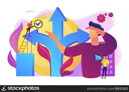 Career opportunity. Life coaching, self development. Path, direction choosing. Decision making, problem solving activity, best decision here concept. Bright vibrant violet vector isolated illustration. Decision making concept vector illustration