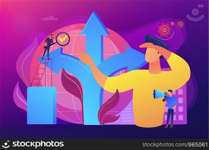 Career opportunity. Life coaching, self development. Path, direction choosing. Decision making, problem solving activity, best decision here concept. Bright vibrant violet vector isolated illustration. Decision making concept vector illustration