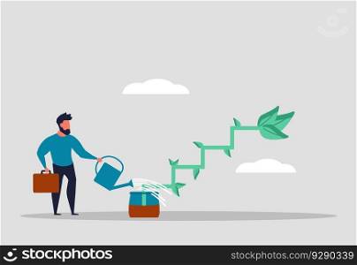 Career path development, work ladder and future employee. Investment for success and mentoring. Businessman watering flowers and business growth. Vector illustration concept.